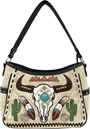 Justin West Native Longhorn Cow Skull Cactus Feather Color Conceal Carry Shoulder Handbag Purse | Trifold Wallet