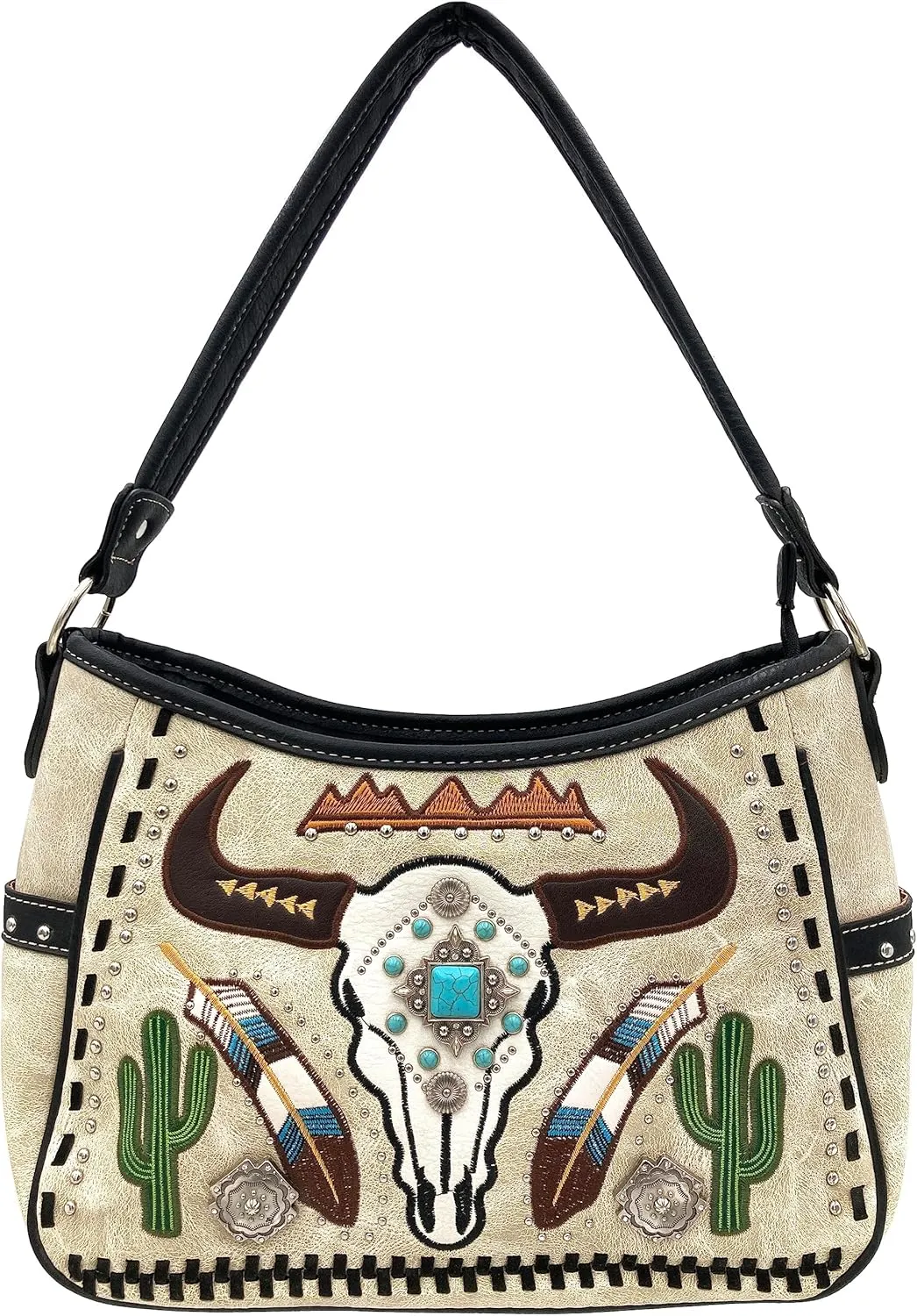 Justin West Native Longhorn Cow Skull Cactus Feather Color Conceal Carry Shoulder Handbag Purse | Trifold Wallet