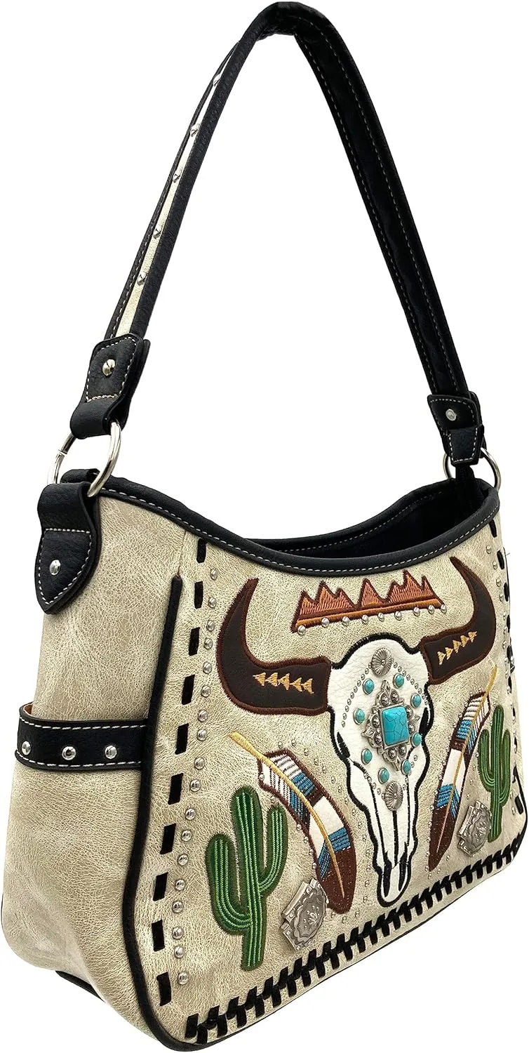 Justin West Native Longhorn Cow Skull Cactus Feather Color Conceal Carry Shoulder Handbag Purse | Trifold Wallet
