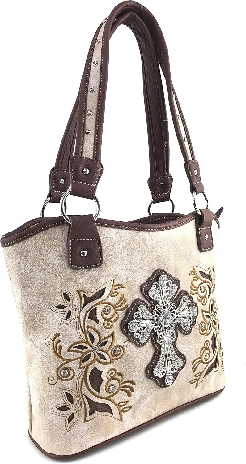 Justin West Western Rhinestone Cross Tote Purse Embroidery Floral Design Leather Concealed Carry Handbag
