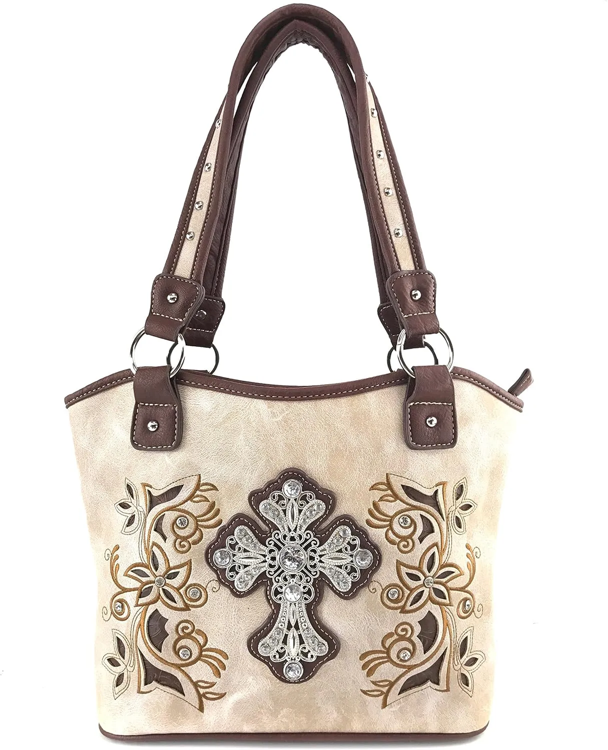 Justin West Western Rhinestone Cross Tote Purse Embroidery Floral Design Leather Concealed Carry Handbag