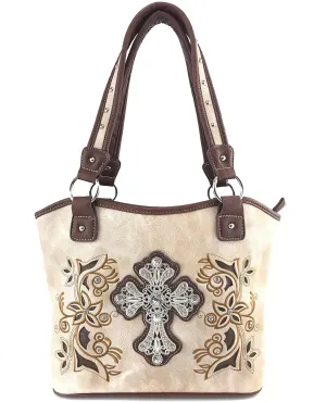 Justin West Western Rhinestone Cross Tote Purse Embroidery Floral Design Leather Concealed Carry Handbag