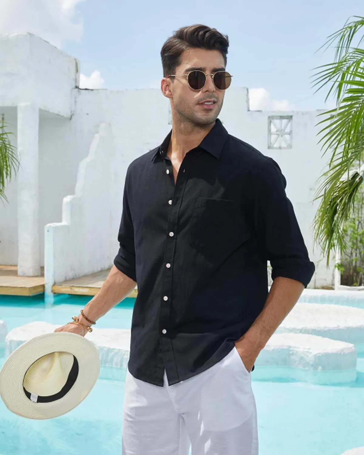J.VER Men's Linen Shirts Casual Button Down Long Sleeve Shirt Solid Spread Collar Summer Beach Shirts with Pocket