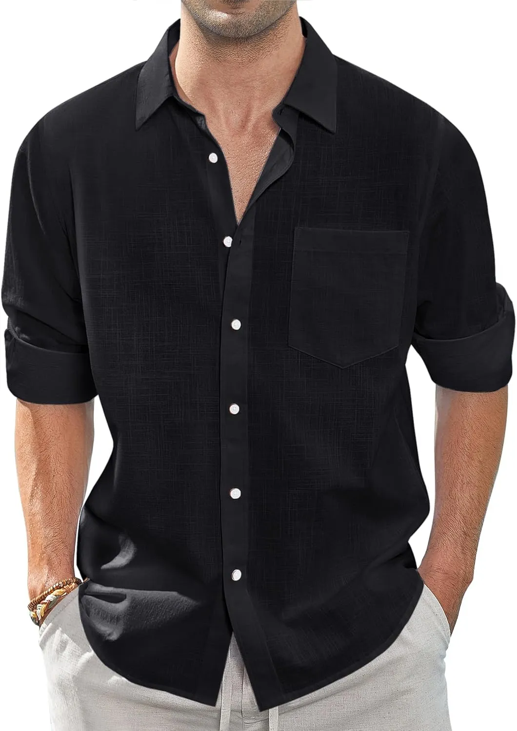 J.VER Men's Linen Shirts Casual Button Down Long Sleeve Shirt Solid Spread Collar Summer Beach Shirts with Pocket