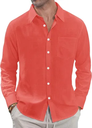 J.VER Men's Linen Shirts Casual Button Down Long Sleeve Shirt Solid Spread Collar Summer Beach Shirts with Pocket