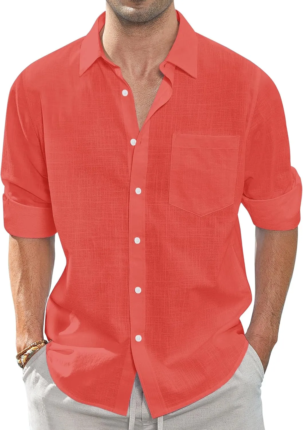 J.VER Men's Linen Shirts Casual Button Down Long Sleeve Shirt Solid Spread Collar Summer Beach Shirts with Pocket