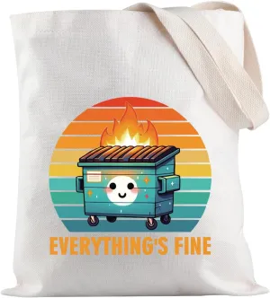 JXGZSO Dumpster Fire Shoulder Bag Everything's Fine Tote Bag Mental Health Gift Therapist Gift Introvert Merch