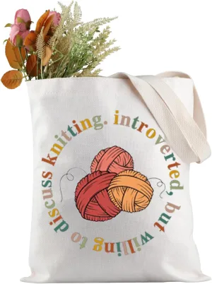 JXGZSO Funny Knitting Shoulder Bag Introverted But Willing to Discuss Knitting Tote Bag Knitter Gifts Yarn Bag