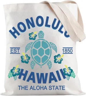 JXGZSO Hawaii Merch Honolulu Hawaii Est 1850 the Aloha State Tote Bag Hibiscus Flower Gift Turtle Gift Aloha State Gift