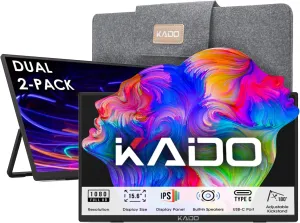 Kado Dual Portable Monitor Setup - 2-Pack 15.6" FHD Portable Monitor for Laptop, 1920x1080 IPS HDMI USB Type-C Laptop Screen Extender Built-in Speakers, Stacked Desk Setup Office Gaming Daytrading