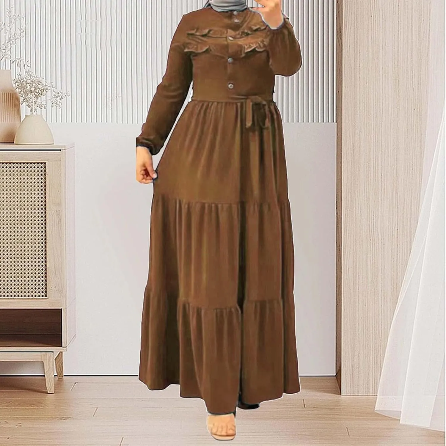 Kaftan Dresses for Women Button Up Long Maxi Dress with Belt Ramadan Abaya Long Gown Long Sleeve Pakistani Clothes