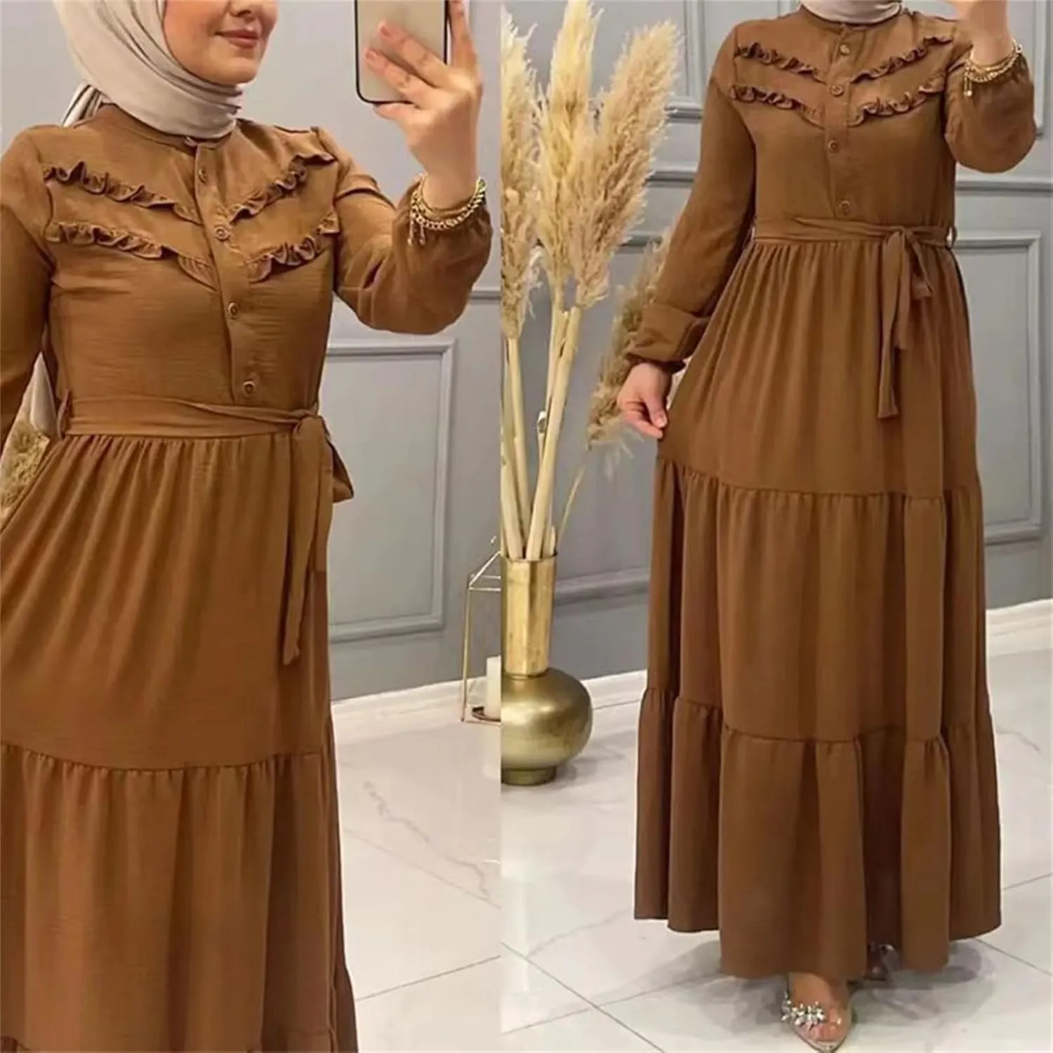 Kaftan Dresses for Women Button Up Long Maxi Dress with Belt Ramadan Abaya Long Gown Long Sleeve Pakistani Clothes