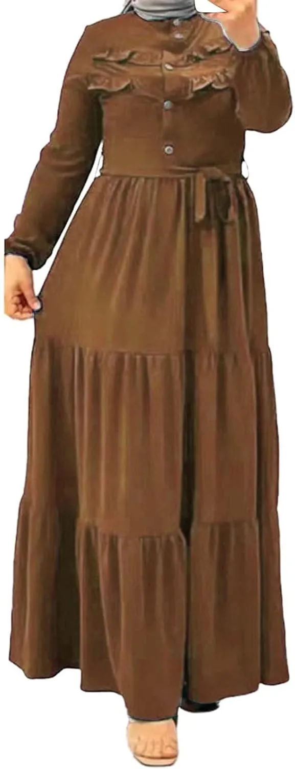 Kaftan Dresses for Women Button Up Long Maxi Dress with Belt Ramadan Abaya Long Gown Long Sleeve Pakistani Clothes