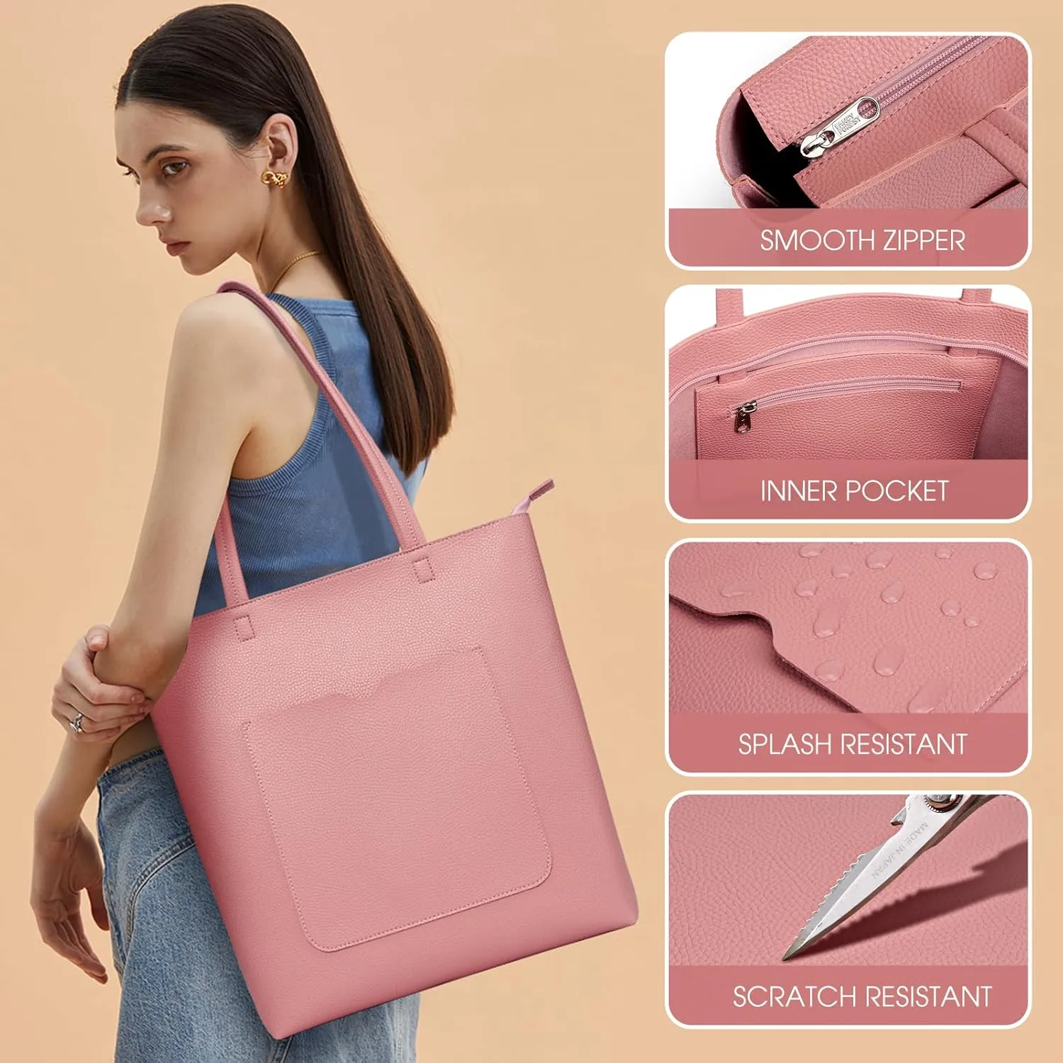 KALIDI Tote Bag Women Shoulder Bag Soft Vegan Leather Purse with Zipper Large Casual Handbags for 17'' Laptop Work Travel