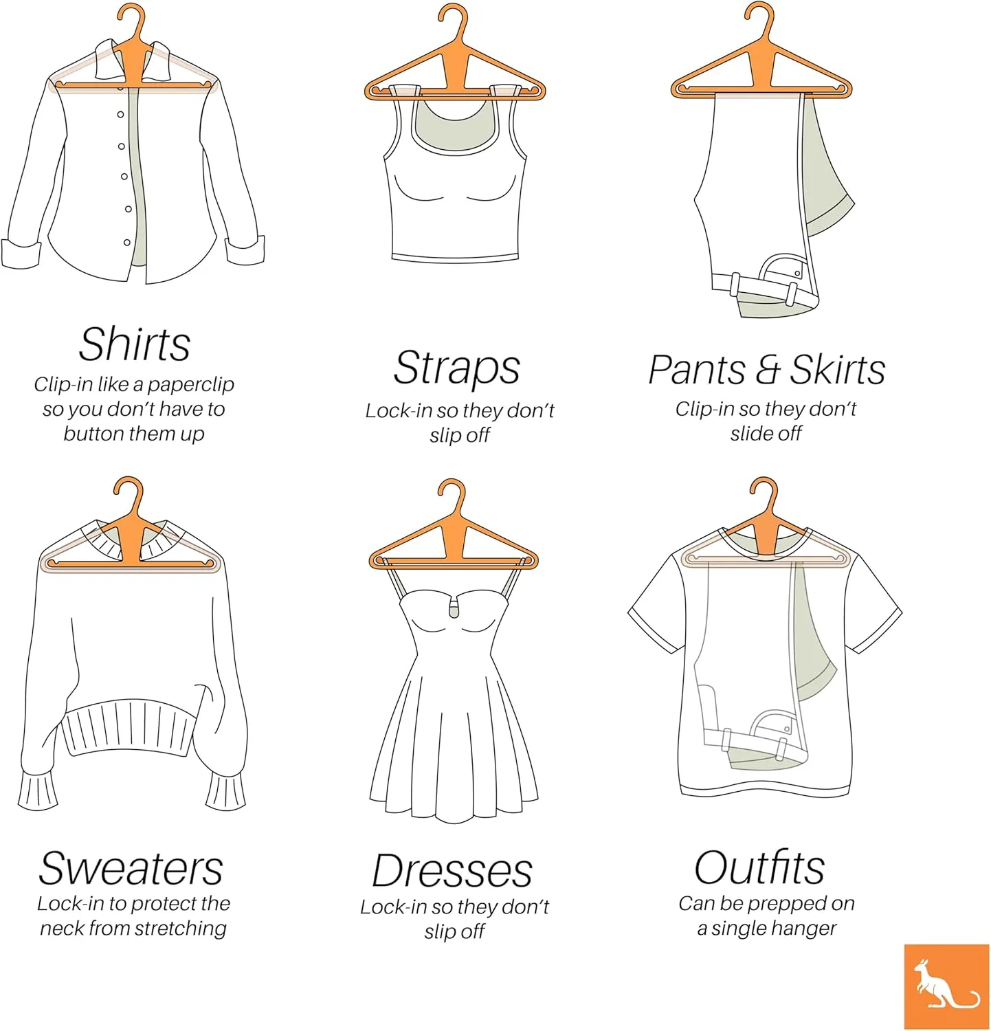 Kangaroo™ 100% Recycled High-Strength Clothing Hanger, Pants, Shirt, Jacket, Suit, Coat - Patent-Pending, Heavy Duty, Recycled, Non-Slip, Hangeroo (Tangerine 30-Pack)