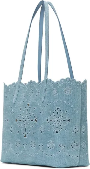 kate spade new york Do It All Spade Flower Perforated Denim Suede Large Tote, Blue Multi