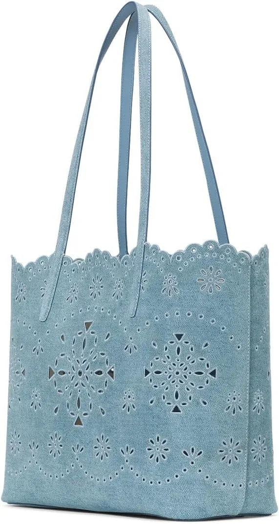 kate spade new york Do It All Spade Flower Perforated Denim Suede Large Tote, Blue Multi