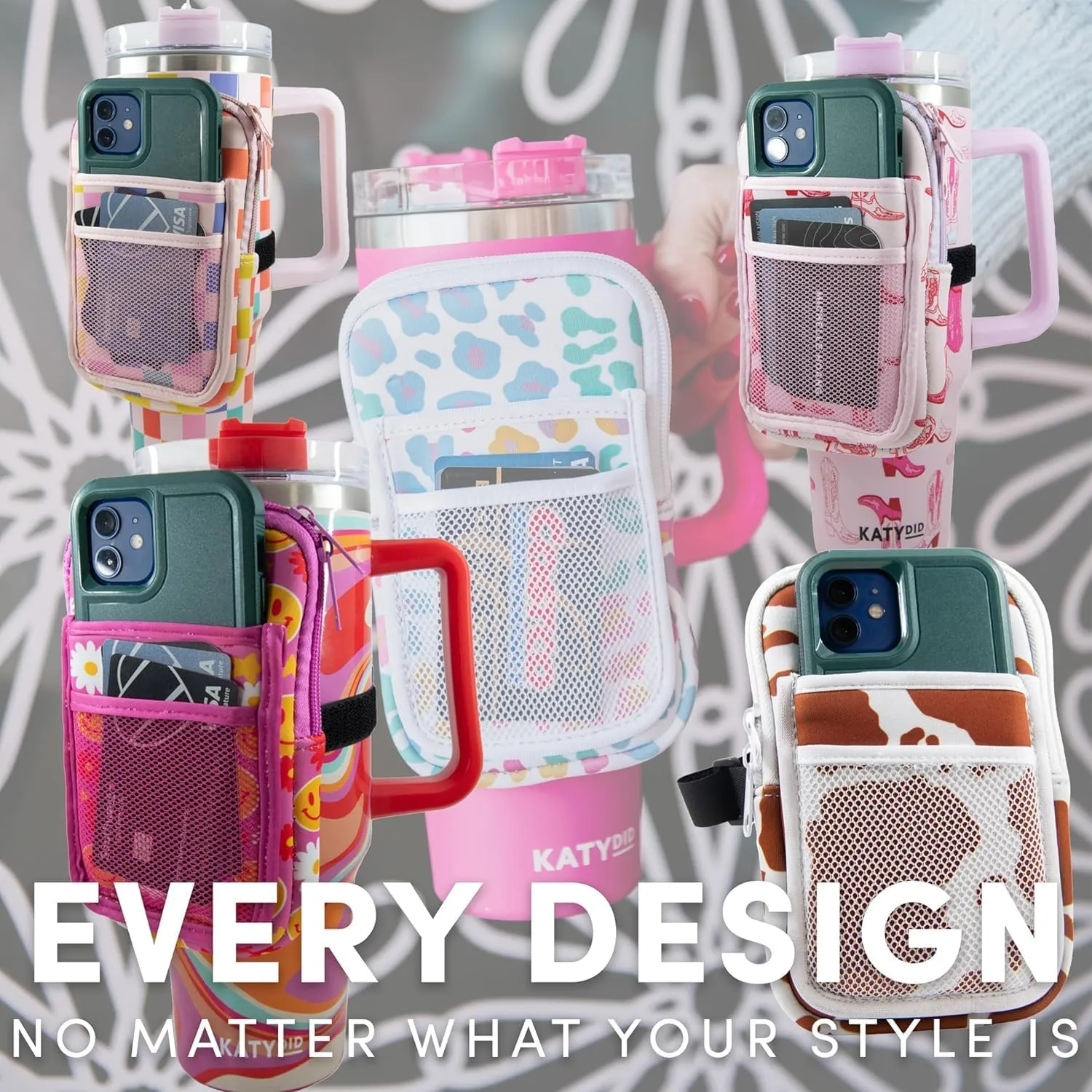 KATYDID Tumbler Zipper Pouch and Phone Holder with 3 Pockets - Compact Water Bottle Pouch for Wallet, Keys, and Phone - Premium Tumbler Accessories