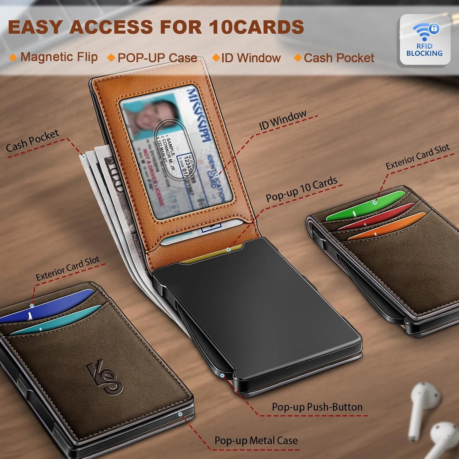KEMISANT Men Wallet,Slim Wallet Card Case With Magnetic Billfold Flip,Pop-up Access for 12Cards RFID Blocking