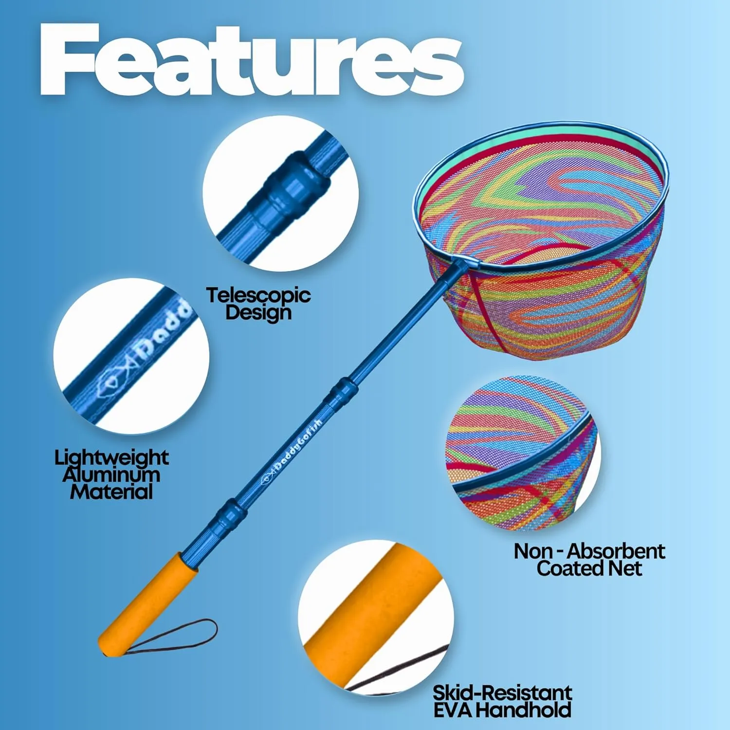 Kids Fishing Net - Extendable Telescopic Landing Net for Boy Girl Children Catching Small Fish Crab Shrimp Minnow Dragonfly Beach Pier Lake River Ocean