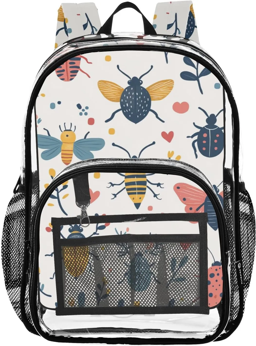 Kids PVC Clear Backpack Beetle White Heavy Duty Multi-pockets Large Capacity Transparent See Through Bookbag for School Travel Sport Work