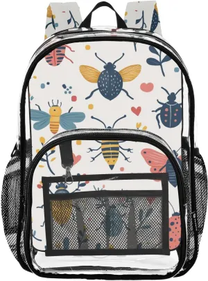 Kids PVC Clear Backpack Beetle White Heavy Duty Multi-pockets Large Capacity Transparent See Through Bookbag for School Travel Sport Work