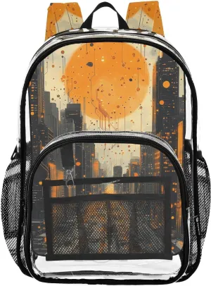 Kids PVC Clear Backpack Circuit Board Sunset City Heavy Duty Multi-pockets Large Capacity Transparent See Through Bookbag for School Travel Sport Work