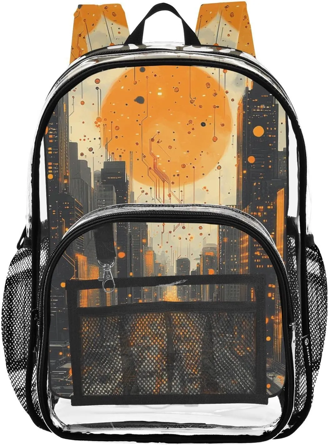 Kids PVC Clear Backpack Circuit Board Sunset City Heavy Duty Multi-pockets Large Capacity Transparent See Through Bookbag for School Travel Sport Work