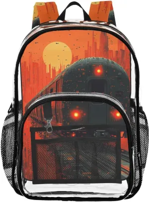 Kids PVC Clear Backpack Red Train Circuit Board Heavy Duty Multi-pockets Large Capacity Transparent See Through Bookbag for School Travel Sport Work