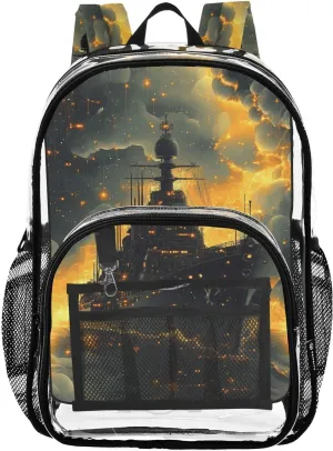 Kids PVC Clear Backpack Warship Circuit Board Night Heavy Duty Multi-pockets Large Capacity Transparent See Through Bookbag for School Travel Sport Work