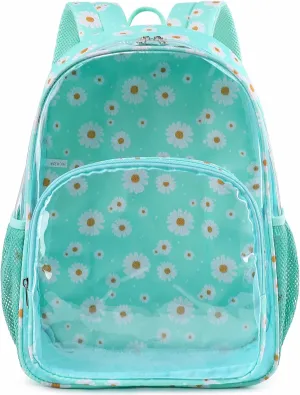 Kimwadalh Clear Backpack Heavy Duty, Green Daisy TPU Transparent Back Pack for Women Girls, Large Capacity Clear Backpack for College Work Travel Beach Swim