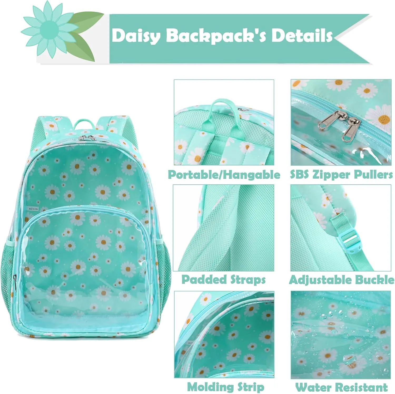 Kimwadalh Clear Backpack Heavy Duty, Green Daisy TPU Transparent Back Pack for Women Girls, Large Capacity Clear Backpack for College Work Travel Beach Swim