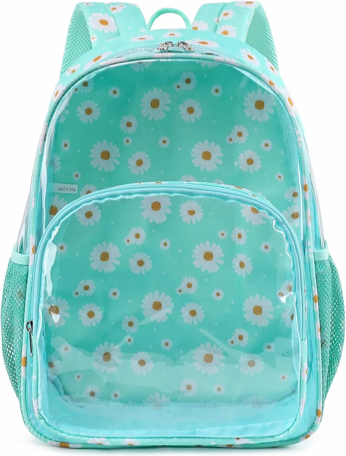 Kimwadalh Clear Backpack Heavy Duty, Green Daisy TPU Transparent Back Pack for Women Girls, Large Capacity Clear Backpack for College Work Travel Beach Swim