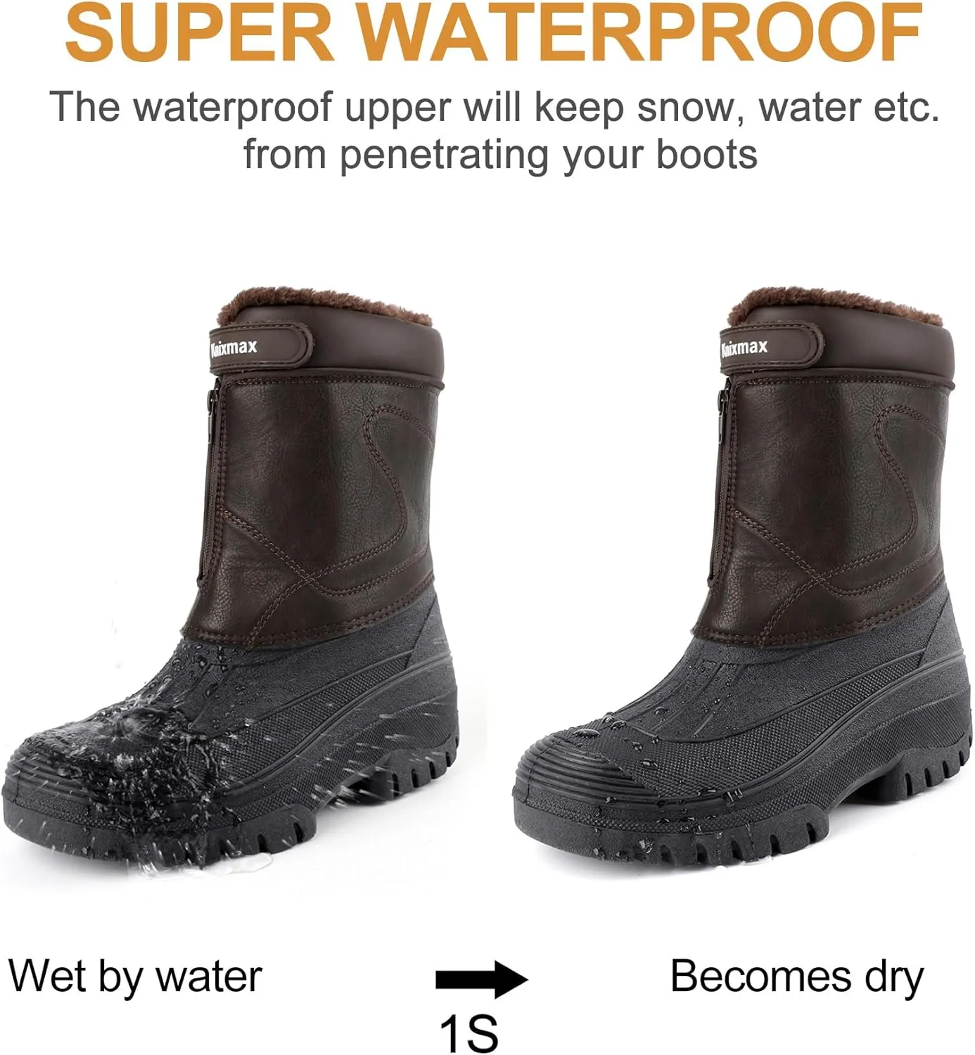 Knixmax Men's Winter Boots Waterproof Snow Shoes Mid Calf Insulated Booties Warm Outdoor Hiking Walking Skiing Boots No Lace Mens Boots With Zipper Size 8-14