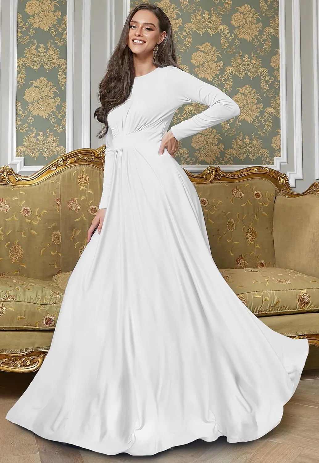 KOH KOH Womens Long Sleeve Flowy Empire Waist Fall Winter Party Gown