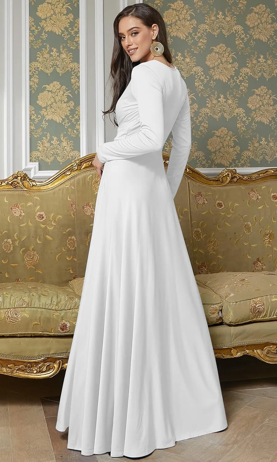 KOH KOH Womens Long Sleeve Flowy Empire Waist Fall Winter Party Gown