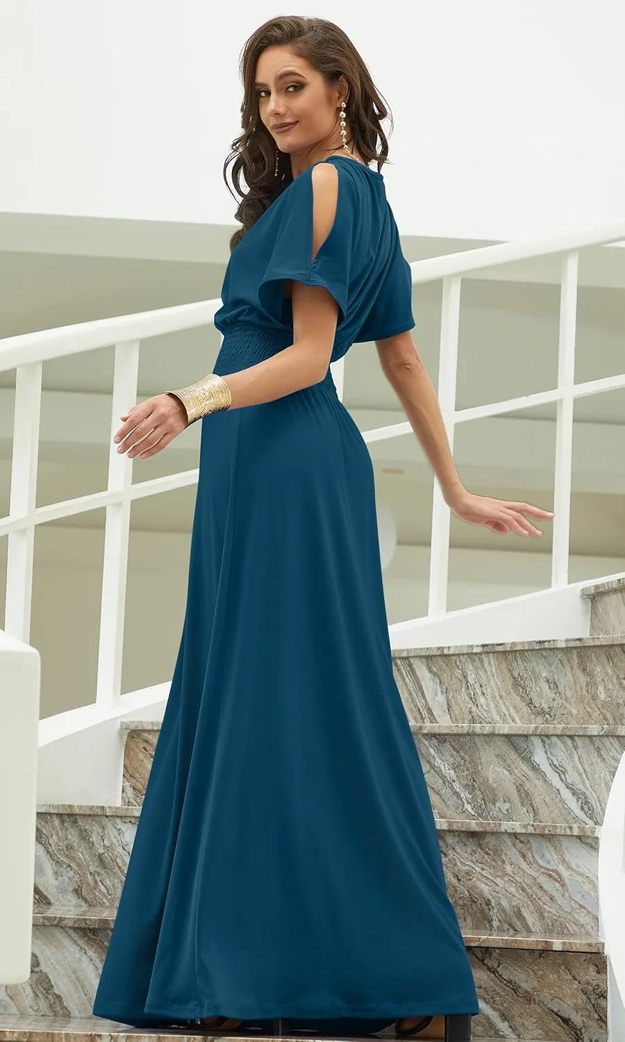 KOH KOH Womens Split Sleeves Smocked Elegant Cocktail Long Maxi Dress