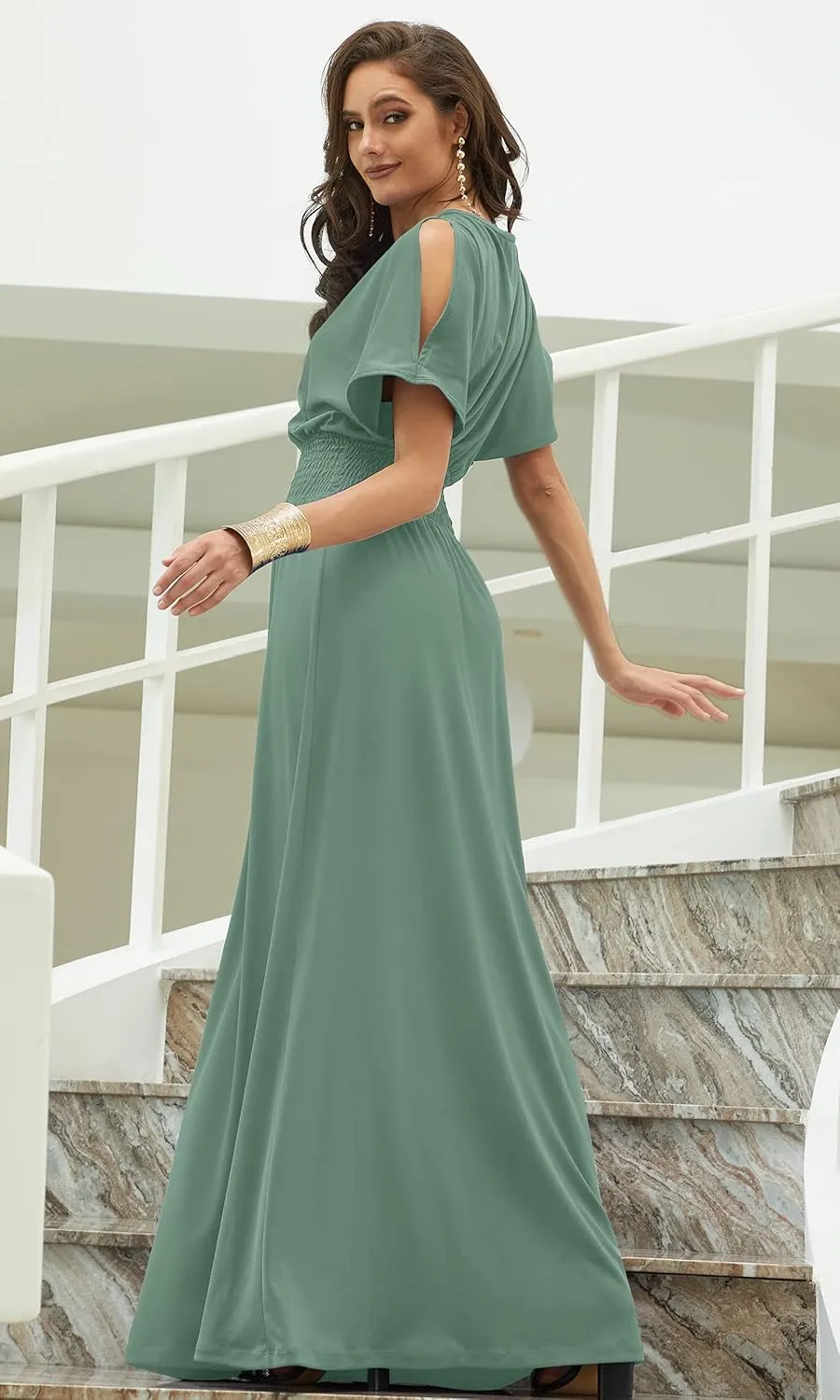 KOH KOH Womens Split Sleeves Smocked Elegant Cocktail Long Maxi Dress