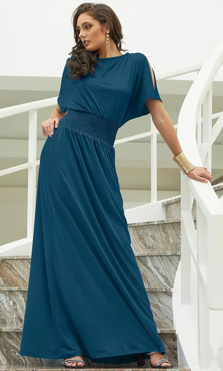 KOH KOH Womens Split Sleeves Smocked Elegant Cocktail Long Maxi Dress