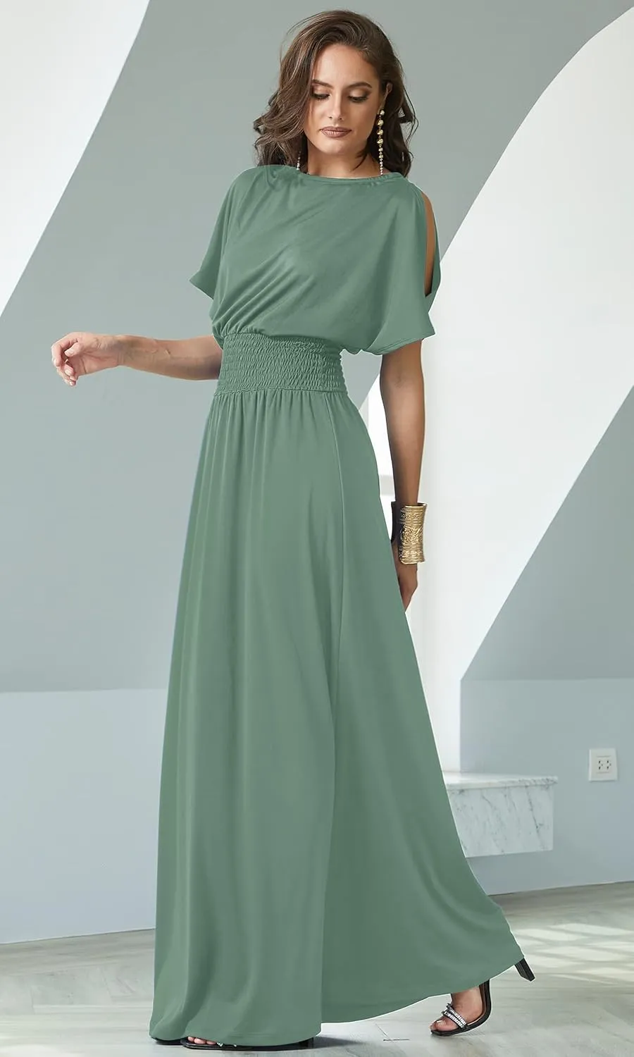KOH KOH Womens Split Sleeves Smocked Elegant Cocktail Long Maxi Dress