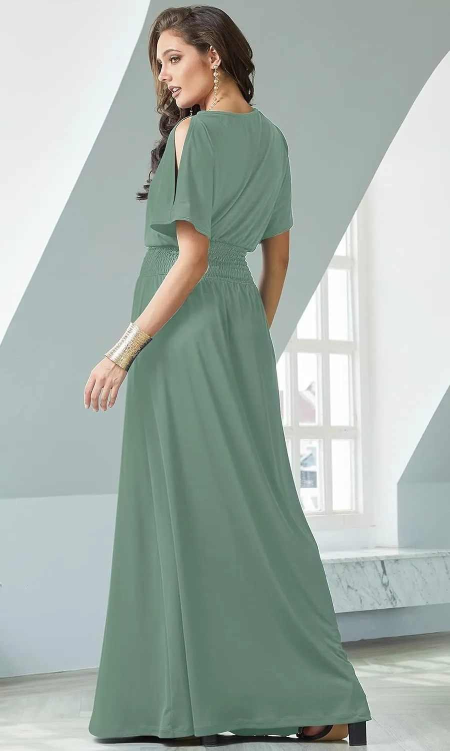 KOH KOH Womens Split Sleeves Smocked Elegant Cocktail Long Maxi Dress