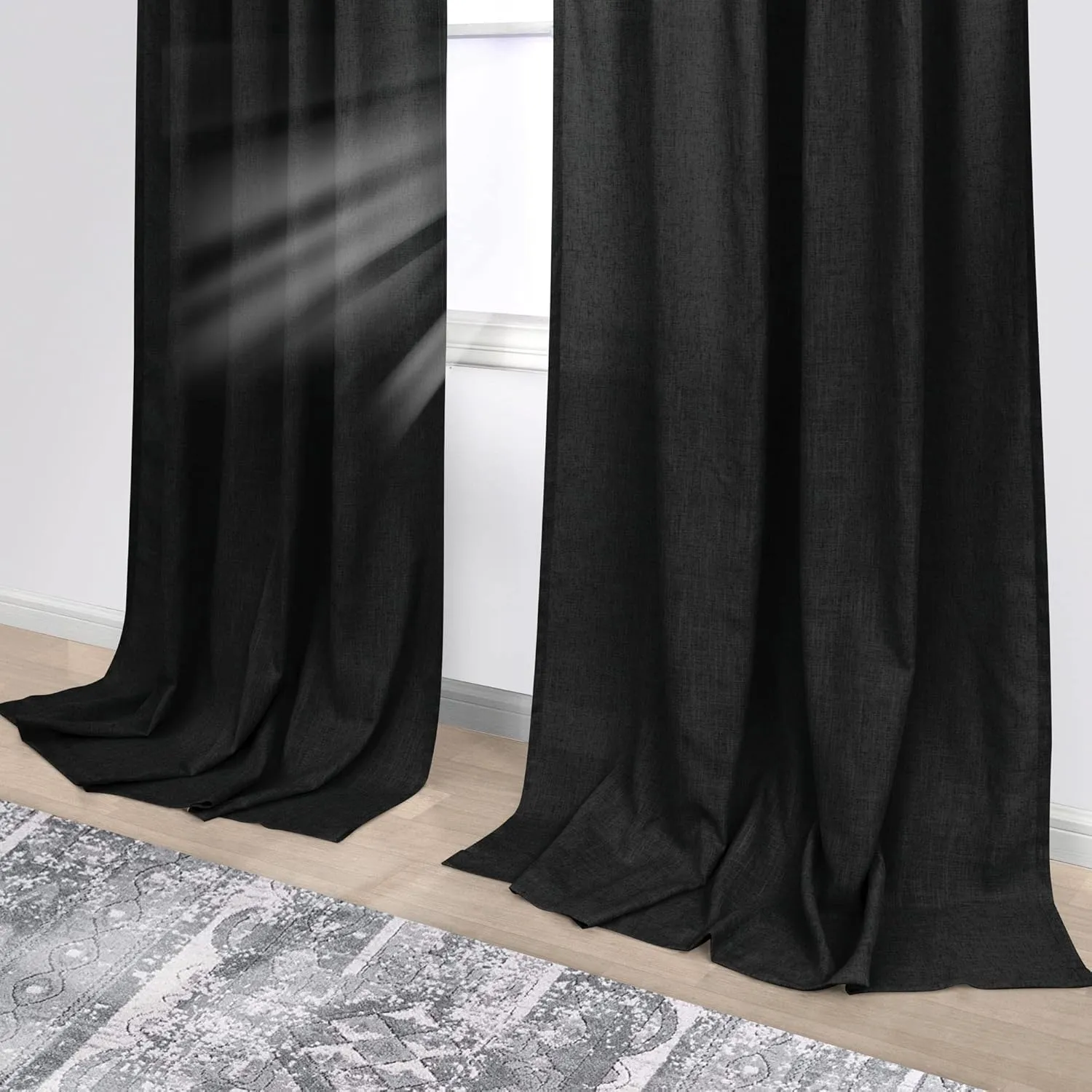 KOUFALL Black Curtains for Living Room 84 Inches Long 2 Panels Set Linen Semi Sheer Light Filtering Back Tab Farmhouse Dark Bedroom Curtain Drapes 84 Inch Length