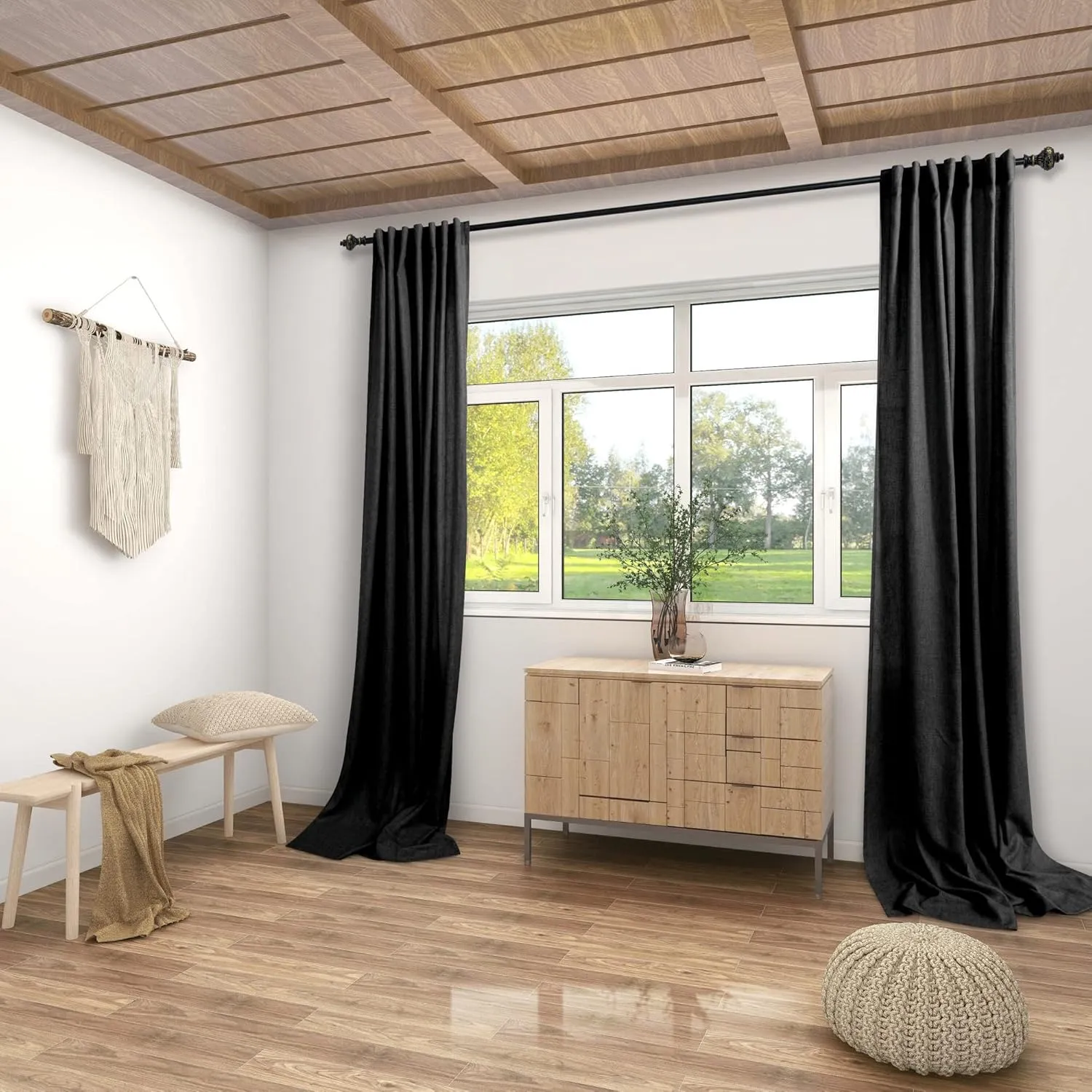 KOUFALL Black Curtains for Living Room 84 Inches Long 2 Panels Set Linen Semi Sheer Light Filtering Back Tab Farmhouse Dark Bedroom Curtain Drapes 84 Inch Length