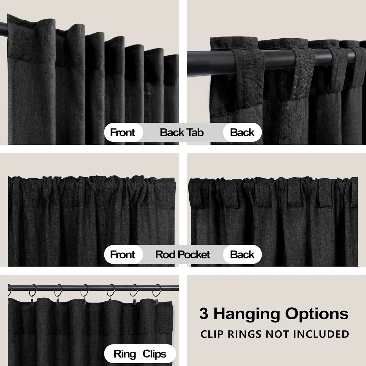 KOUFALL Black Curtains for Living Room 84 Inches Long 2 Panels Set Linen Semi Sheer Light Filtering Back Tab Farmhouse Dark Bedroom Curtain Drapes 84 Inch Length