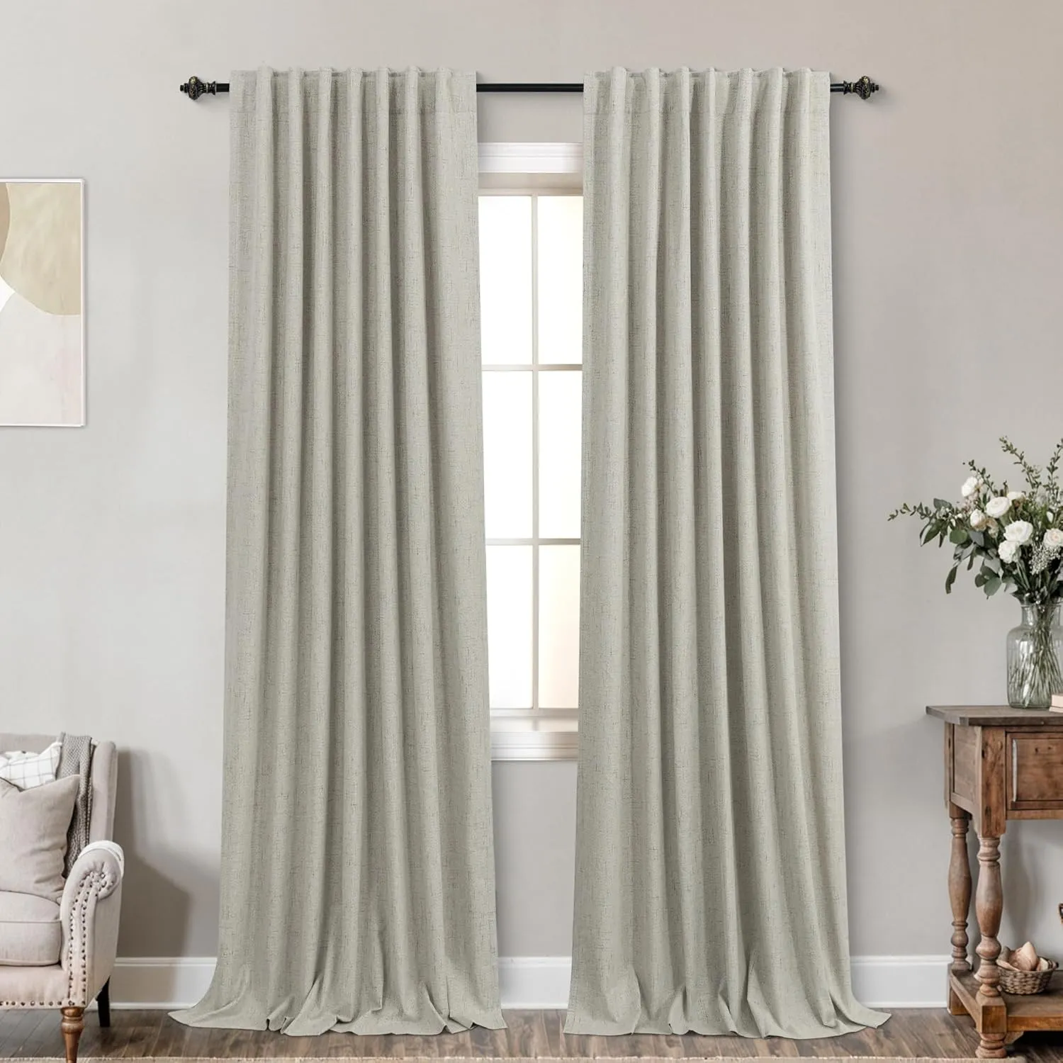 KOUFALL Rustic Country Curtains for Living Room,Greige Dark Beige Blackout Faux Flax Linen Look Burlap Curtains Farmhouse for Bedroom 84 Inches Long