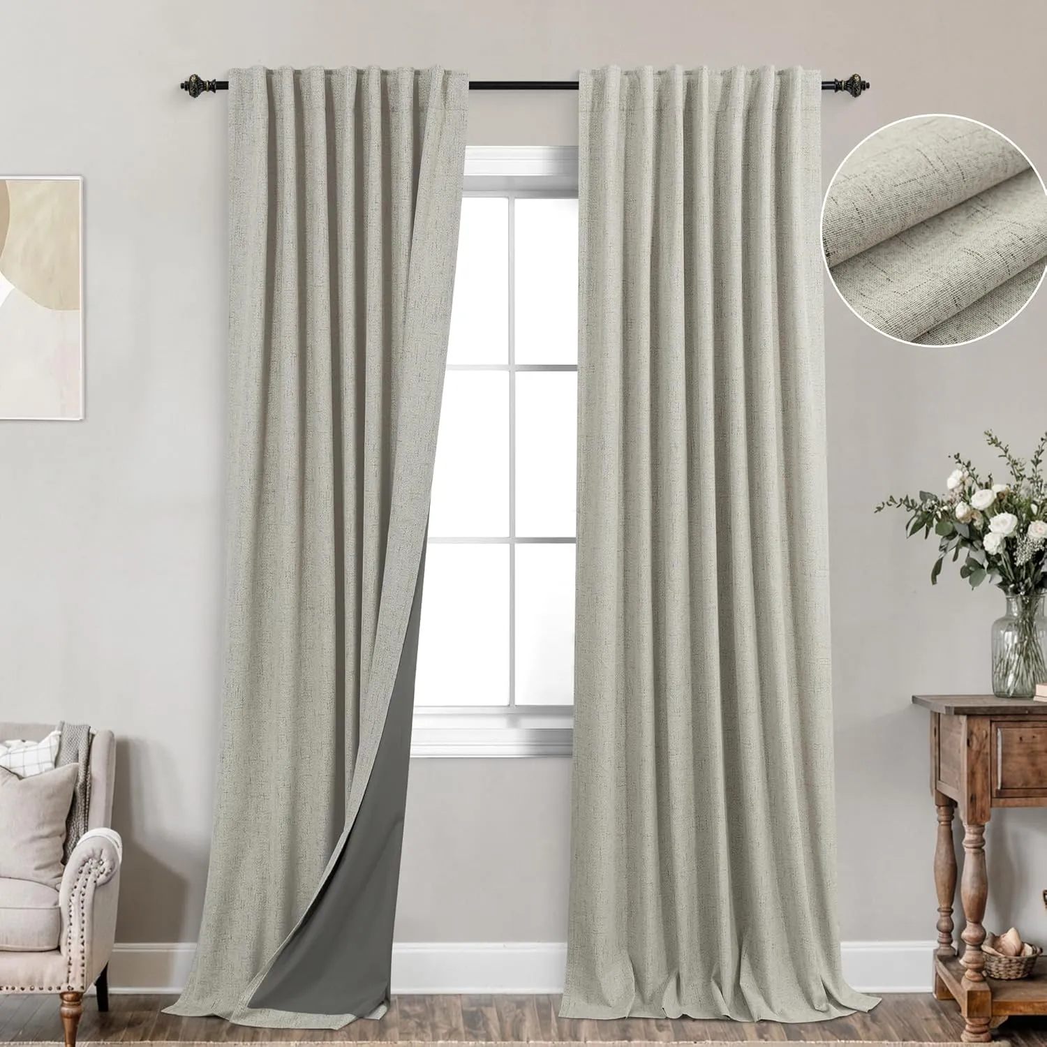 KOUFALL Rustic Country Curtains for Living Room,Greige Dark Beige Blackout Faux Flax Linen Look Burlap Curtains Farmhouse for Bedroom 84 Inches Long
