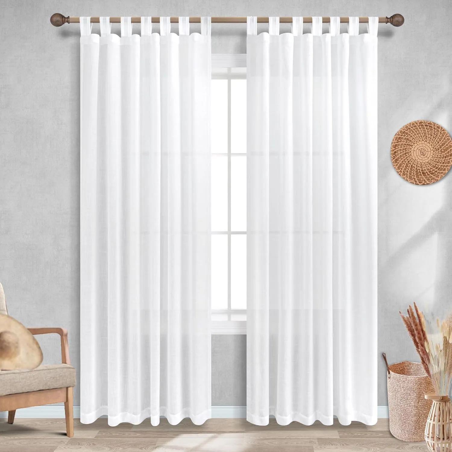 KOUFALL White Linen Curtains 84 Inches Long 2 Panels,Sheer Semi Light Filtering Tab Top Tie Loops Cotton Boho Farmhouse Ruffle Curtains for Bedroom Living Room 7 FT Length