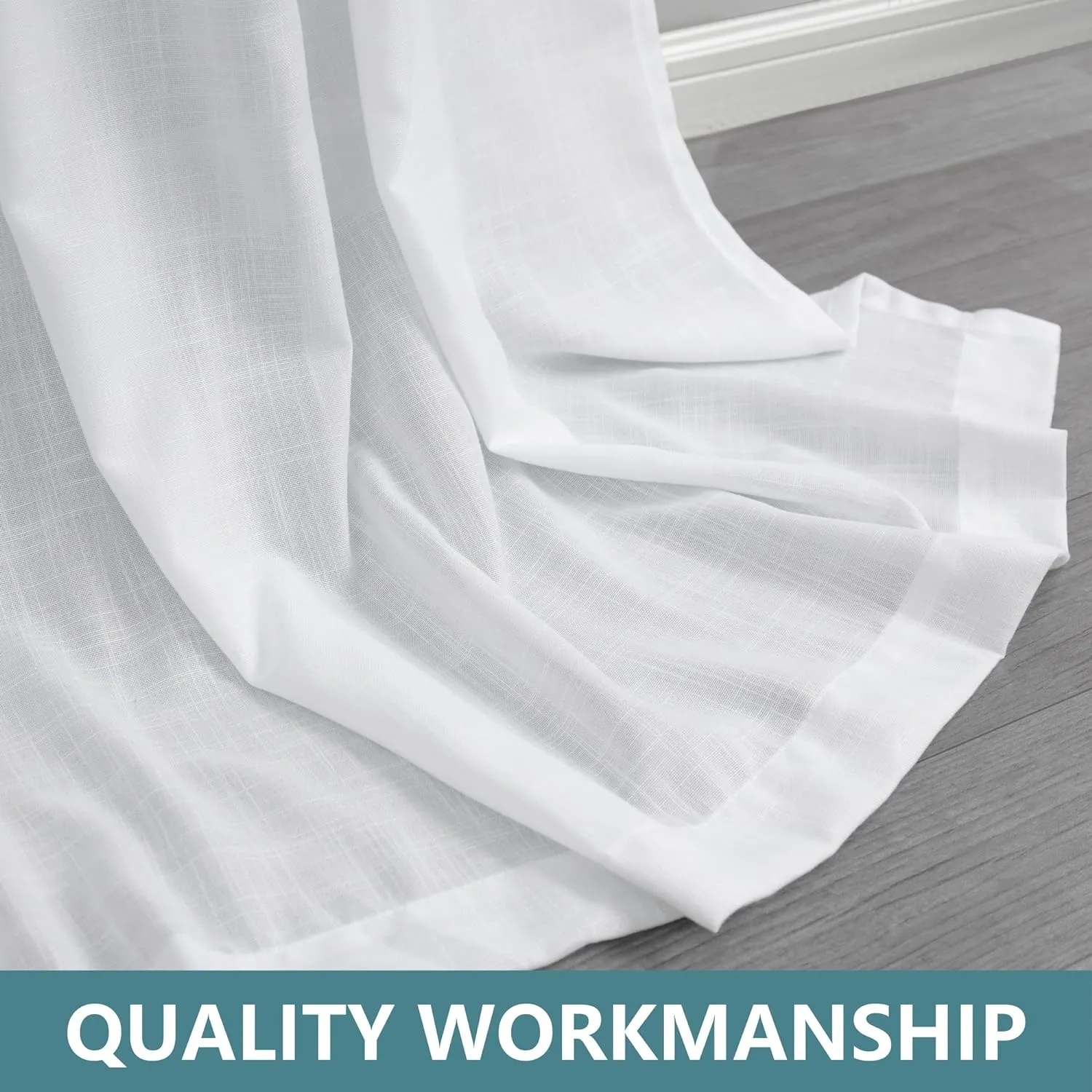 KOUFALL White Linen Curtains 84 Inches Long 2 Panels,Sheer Semi Light Filtering Tab Top Tie Loops Cotton Boho Farmhouse Ruffle Curtains for Bedroom Living Room 7 FT Length