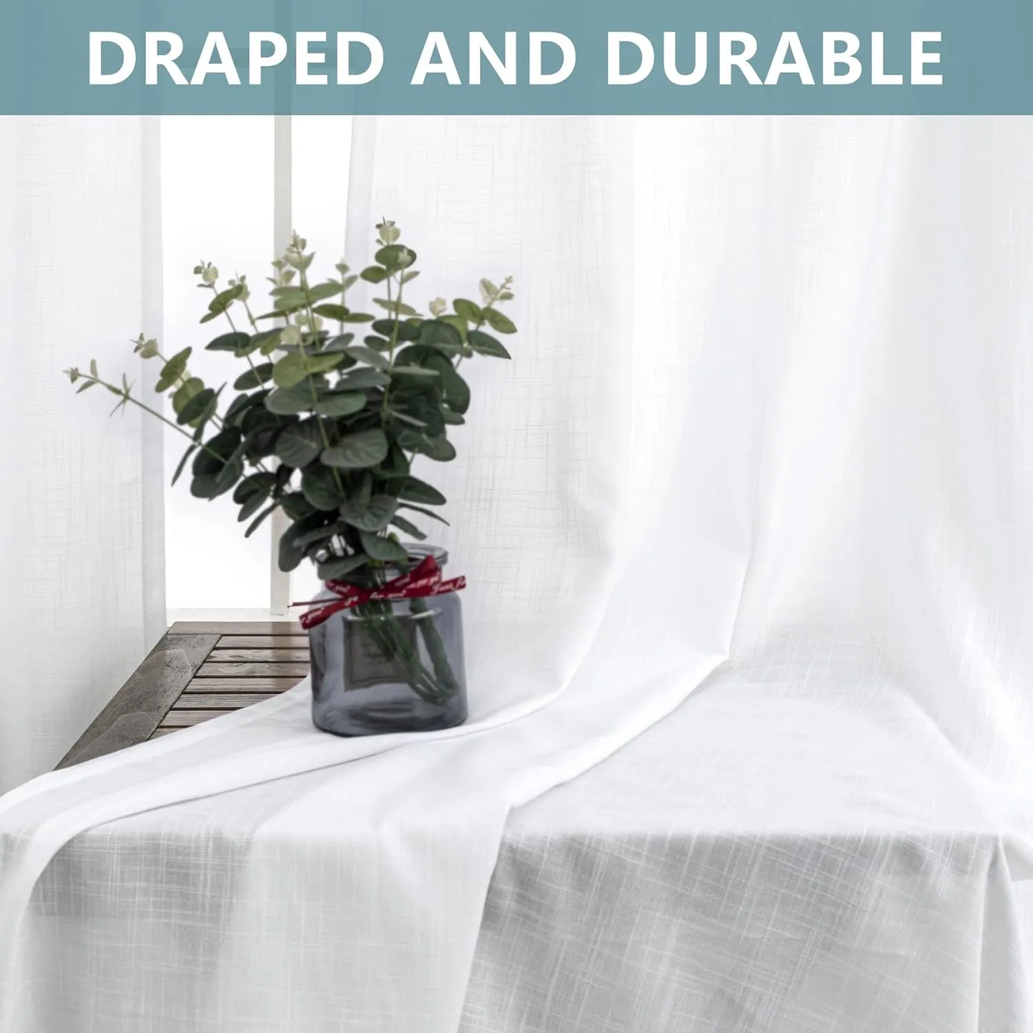 KOUFALL White Linen Curtains 84 Inches Long 2 Panels,Sheer Semi Light Filtering Tab Top Tie Loops Cotton Boho Farmhouse Ruffle Curtains for Bedroom Living Room 7 FT Length