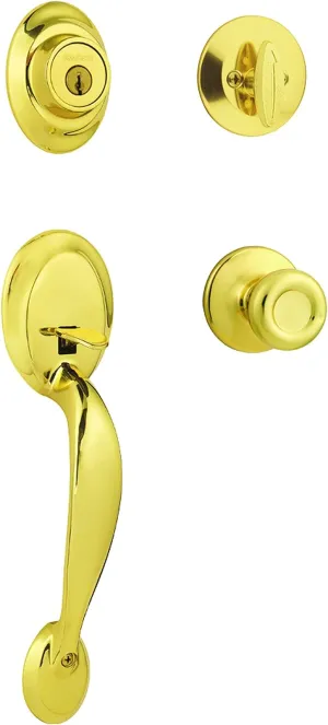 Kwikset Dakota Front Door Lock Handle and Deadbolt Set, Entry Handleset Exterior with Interior Door Knob, Polished Brass, Pick Resistant SmartKey Rekey Deadbolt Security